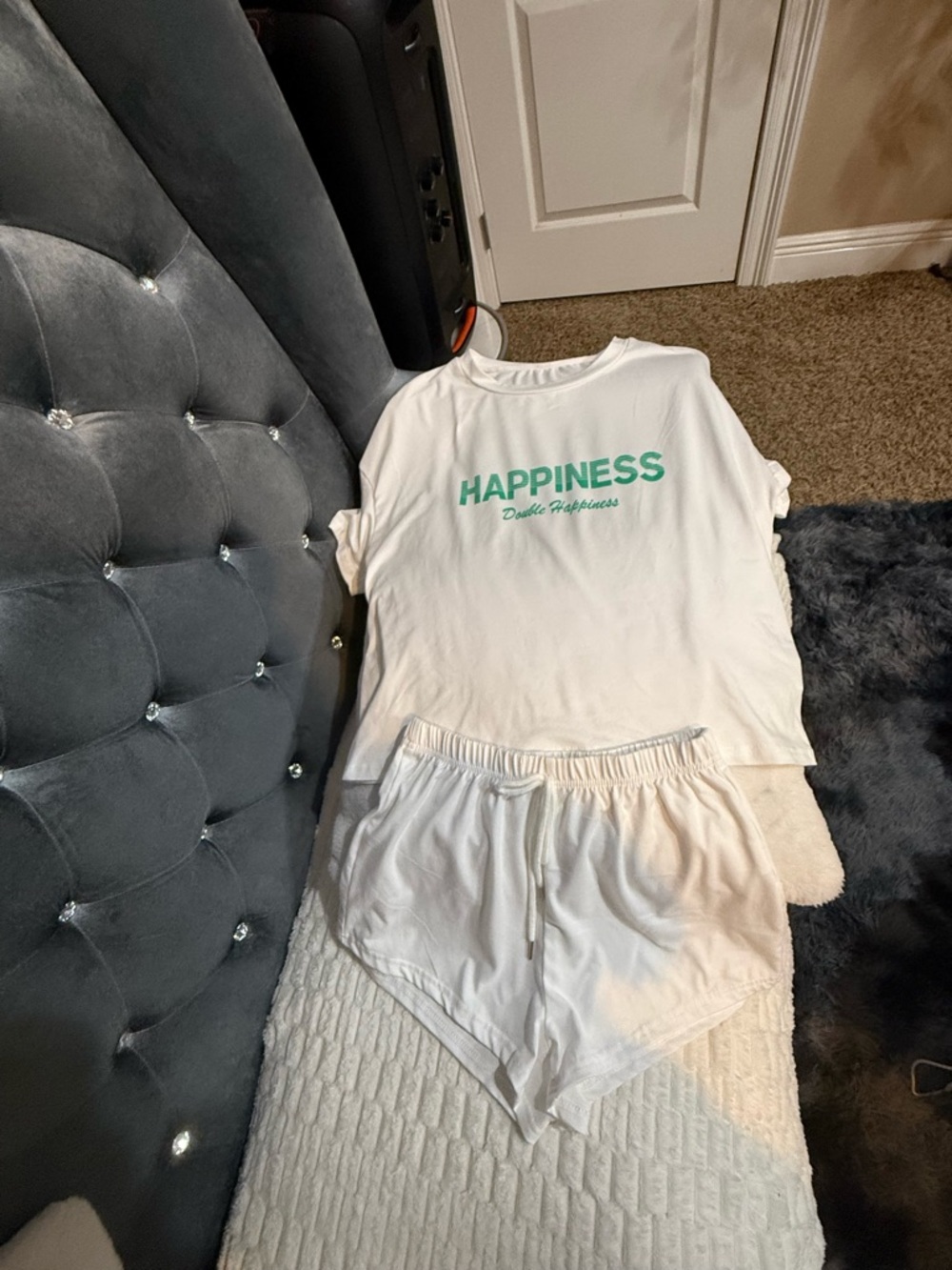 SHEIN White Two-Piece 'Happiness' Tee & Shorts Set with Green Logo